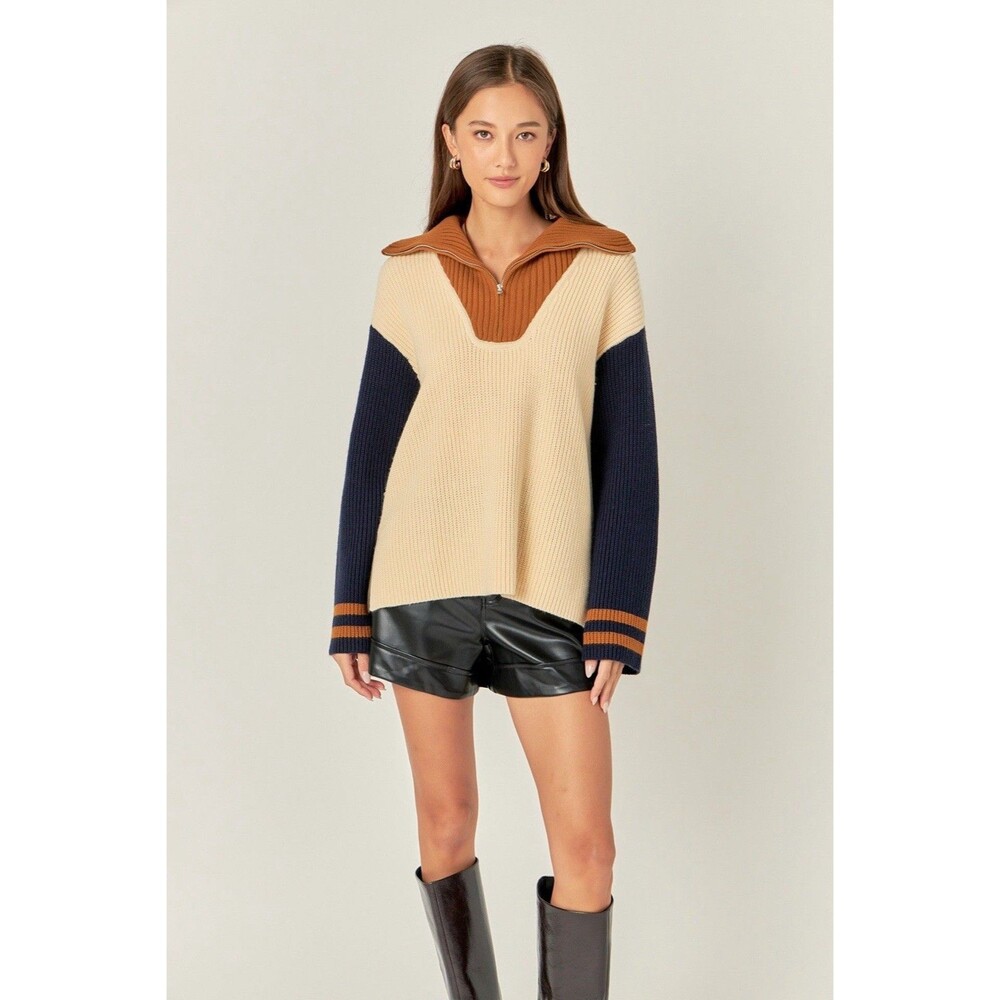 English Factory Colorblock Knit Sweater Women Small Cream Navy 1/4 Zip Ribbed
